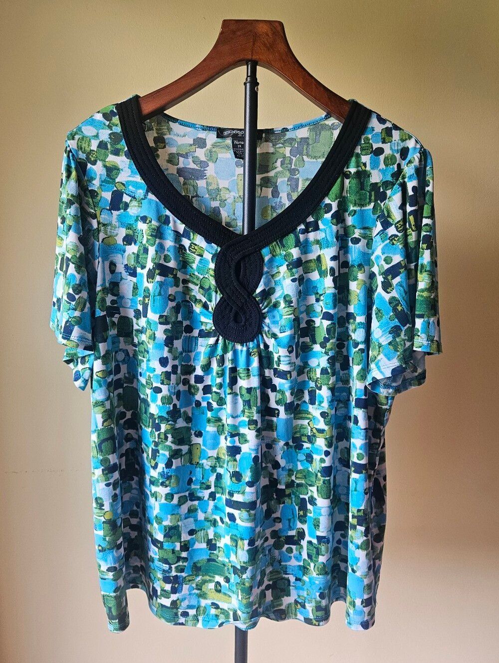 Designers Originals Blue & Green Abstract Short Sleeve Top Size 1X